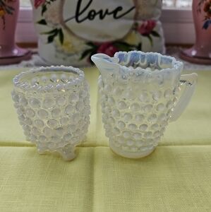 Vintage Ruffled Rim Cream & Sugar Hobnail Opalescent  Glass